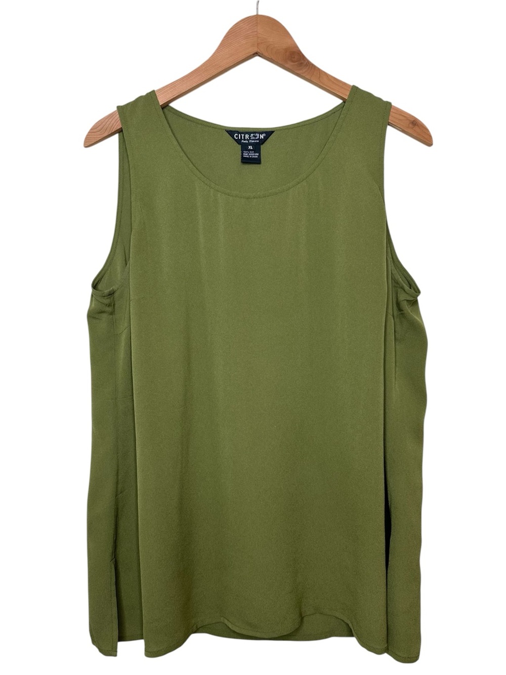 Citron Santa Monica Silk Tank Top Size XL 100% Minimalist Lagenlook Olive Green